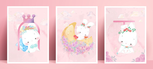 Panorama watercolor painting lifestyle Daily life rabbits in human gestures romantic illustration in pastel color tone.
