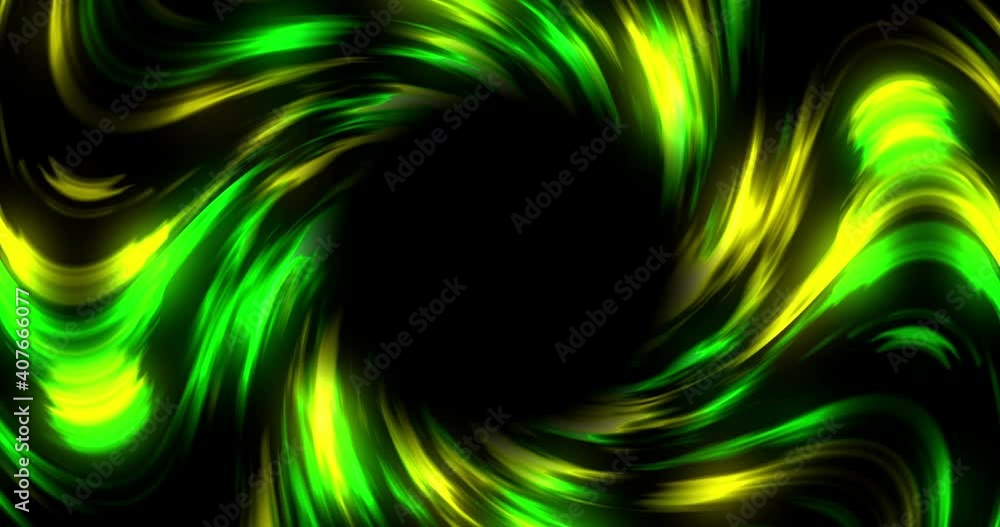 Poster glowing green and yellow swirl rotating and pulsating on black background