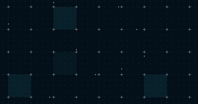 Animation of blue squares with white markers over grid background