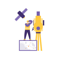 the concept of a geodetic surveyor, surveying an area. illustration of a worker using a theodolite for mapping. satellite and gps. flat style. vector design element