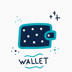 Wallet hand drawn icon for business and finance, blue wallet vector in doodle style for shopping and money
