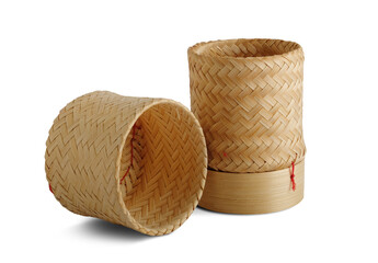 Sticky rice basket container from bamboo (kratip) isolated on white background with clipping path.
