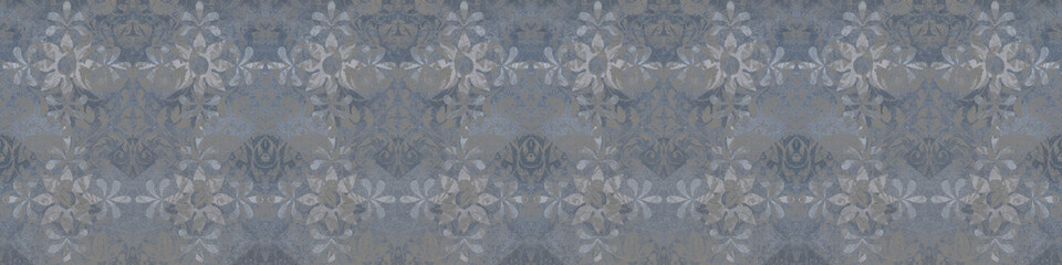 Old aged gray blue vintage worn shabby elegant floral leaves flower patchwork motif tile stone concrete cement wall ager wallpaper seamless pattern texture background banner panorama