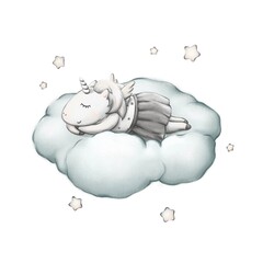 cute unicorn sleeping on a cloud. illustration in bed colors. poster for nursery, postcard, children's album