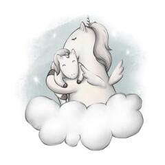 mom and baby unicorn. cute animals illustration. poster for the nursery, postcard.