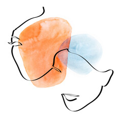 Two women's faces drawing with lines over abstract watercolor background, fashion and beauty concept, minimalist, vector illustration for t-shirt, print design, covers, web