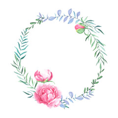 Hand drawn watercolor floral wreath with leaves. Round frame with peony and roses flowers,