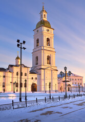 Tobolsk Kremlin on a winter evening. The bell tower of the St. Sophia Assumption Cathedral in the evening light. Old Russian architecture of the XVII century in the first capital of Siberia