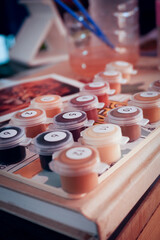 Paint, acrylic, in small jars, paint by numbers.