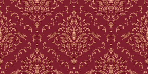 Seamless pattern with hares in style Damask. Vector illustration