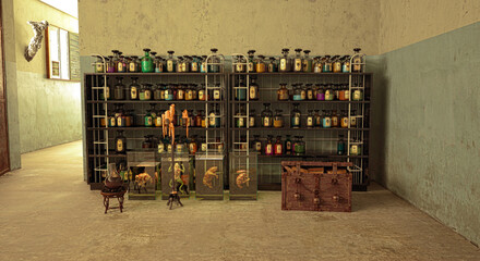 Alchemical room, apothecary's shop with shelving with vials and medical and poisonous substances, accessories for witchcraft, 3d illustration, 3d rendering