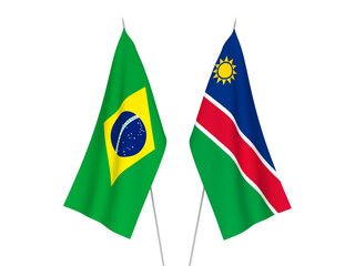 National fabric flags of Brazil and Republic of Namibia isolated on white background. 3d rendering illustration.