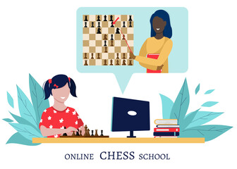 A black woman teaches a child a chess lesson. The concept of distance education. Virtual learning to play chess.  Vector illustration of a modern flat style. Space for text