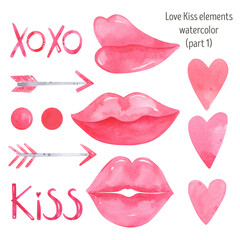Love elements watercolor set. Red heart, kiss, lips. Valentines day element collection, symbols of Valentine’s day.