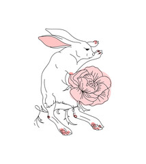 The hare lies on the grass in peony flowers. Linear illustration. Sketch of a tattoo.  Graphic drawing for coloring. Black and white rabbit isolated. Engraving sketch. Print for t-shirt. 