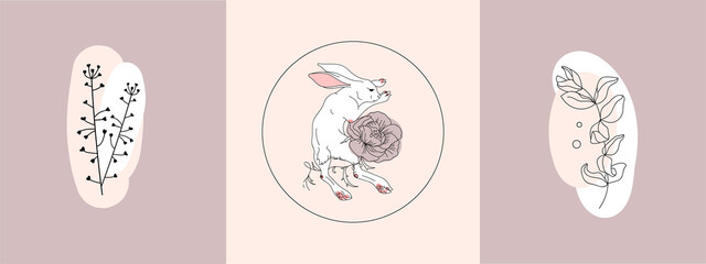 The hare lies on the grass in peonies. Linear illustration with flowers. Sketch of a tattoo. Graphic drawing for coloring. Black and white rabbit and branches of flowers isolated. T-shirt print.