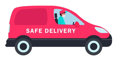 Fast delivery service, courier in a car. Flat design illustration. Vector