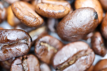 brown roasted dark coffee beans macro