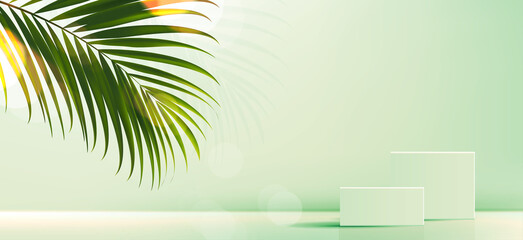 Fototapeta na wymiar Cosmetic background for product, branding and packaging presentation. geometry form square molding on podium stage with tropical leaf background. vector design