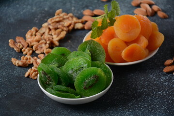 Mix of dried and sun-dried fruits, and nuts. Kiwi, apricot. Symbols of the Jewish holiday of Tu BiShvat