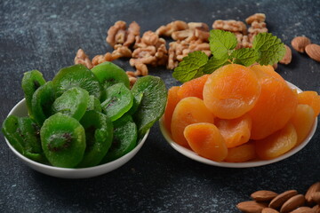 Mix of dried and sun-dried fruits, and nuts. Kiwi, apricot. Symbols of the Jewish holiday of Tu BiShvat