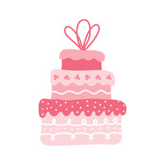 A large pink cream cake with three tiers. Ornate decorated wedding cake isolated on a white background. Logo or an icon for a bakery or pastry shop. Festive sweets. Hand drawn vector illustration.