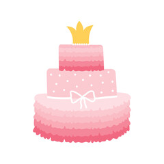 Happy holiday pink cake in three tiers for a little princess. Birthday cake with gold crown and bow isolated on white background. Logo for a bakery or pastry shop. Festive sweets. Vector illustration.