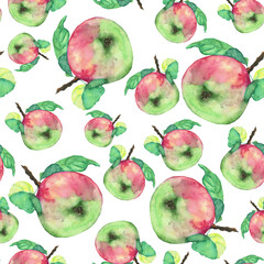 Seamless pattern of red apple on white background. Watercolor hand drawing illustration. Perfect for digital paper, print, textile, fabric. Sweet fruit.