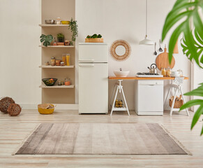 Kitchen carpet on the parquet style, decorative new refrigerator and dishwasher, shelf, mirror,...
