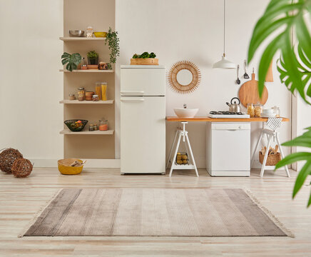 Kitchen carpet on the parquet style, decorative new refrigerator and dishwasher, shelf, mirror, lamp and vase of plant style.