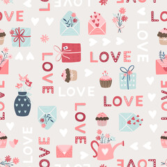 Obraz premium Lovely hand drawn Valentine's Day seamless pattern, cute design elements, boho style, great for wrapping, textiles, fashion, banners, wallpapers - vector design