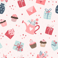 Lovely hand drawn Valentine's Day seamless pattern, cute design elements, boho style, great for wrapping, textiles, fashion, banners, wallpapers - vector design