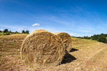 hay bales in a field with blue sky and clouds