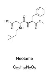 Neotame, chemical formula and skeletal structure. A non-caloric artificial sweetener, sugar substitute and aspartame analog. It enhances original food flavors. E961. Illustration over white. Vector.