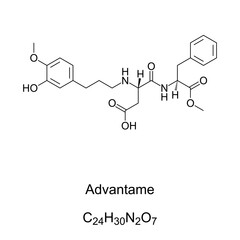 Advantame, chemical formula and skeletal structure. A non-caloric artificial sweetener, sugar substitute and aspartame analog. It enhances original food flavors. E969. Illustration over white. Vector.