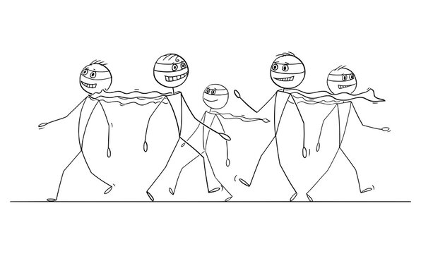 Crowd of average heroes or superheroes walking on the street , vector cartoon stick figure or character illustration.