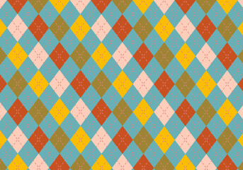 【背景素材】アーガイルチェック柄25　レトロ調5色（レンガ＆ベージュ＆黄色＆カーキ＆くすんだ青緑）