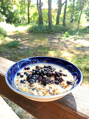 Close up bowl of cereal with berries on beautiful blue plate on wooden  table in a forest. Nature background, sunny day with green trees. Summer topic, homemade food, healthy food