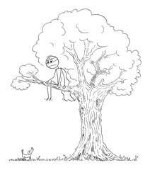 Frightened hero or superhero is hiding from small dog sitting on branch of the tree, vector cartoon stick figure or character illustration.