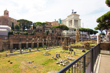 Aerial view of Roman Forum or Forum Romanum (Temple of Saturn and Arch of Septimus and other...