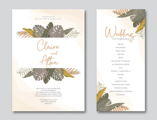 Fototapeta na wymiar Wedding invitation design with tropical leaves
