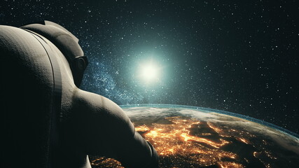Close up of astronaut in modern spacesuit at realistic Earth planet with illuminated mainlands. Sun set at starry cosmos sky in background. Space orbital spaceman exploration in 3d animation © Goinyk