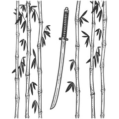 katana sword and bamboo sketch engraving vector illustration. T-shirt apparel print design. Scratch board imitation. Black and white hand drawn image.