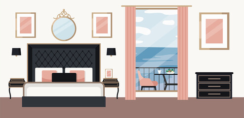 Luxurious bedroom, large bed with a headboard and bedside table. Hotel room suite. Interior design in modern style. Sea view from the window, resort and spa. Wed page for hotel. Apartment