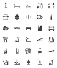 Gym equipment vector icons set, modern solid symbol collection, fitness, sports equipment filled style pictogram pack. Signs, logo illustration. Set includes icons as barbell, dumbbell, gym machine