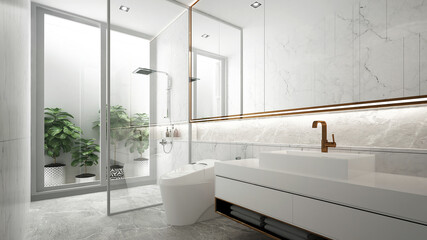 Minimal mock up interior design of bathroom and white toilet and sink and marble wall background, 3D render, 3D illustration