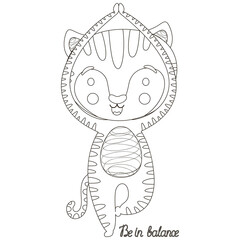 Children's black and white cartoon illustration of a cute little joyful tiger cub in yoga asana Vrikshasana tree pose and phrase "Be in balance". Sporty outline cat for coloring book. Vector.