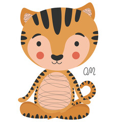 Cute tiger cub sitting in a simple yoga easy pose with crossed legs Sukhasana and the word "OM" on a white background. Meditating kitten. Vector.