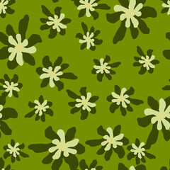Random abstract botanic seamless pattern in green colors palette. Cartoon flora backdrop.