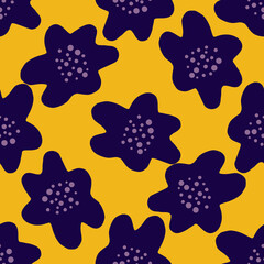 Navy blue doodle creative seamless pattern with flower silhouettes. Yellow background. Bright flora print.